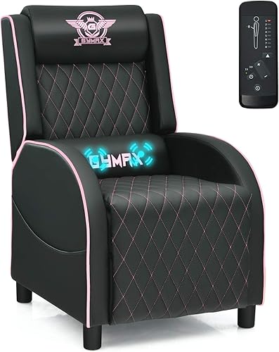 GYMAX Silla reclinable para juegos de masaje, sofá individual ergonómico de estilo carreras con reposacabezas ajustable, respaldo y reposapiés, sofá