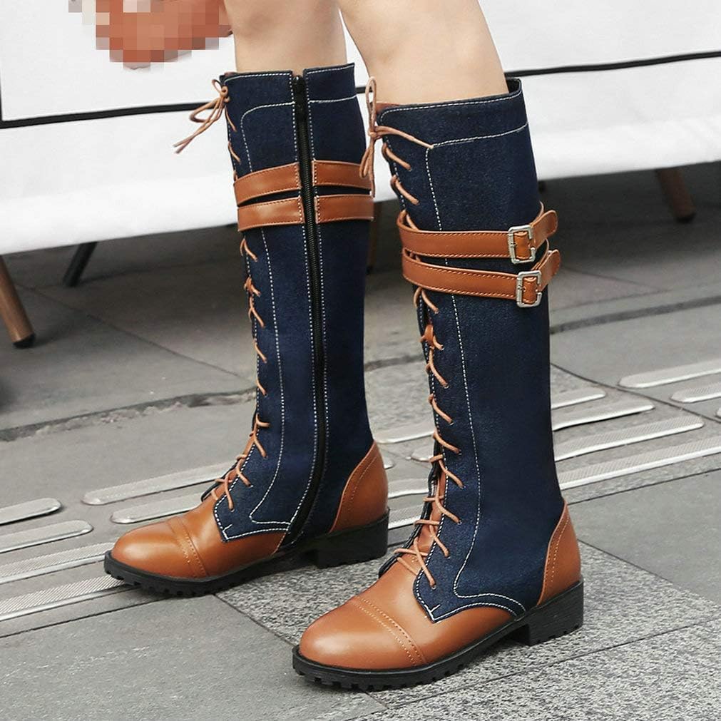 KOKOMOMO Womens Denim Knee High Boots Low Heels Lace Up Combat Boots Buckles Skinny Calf Boots