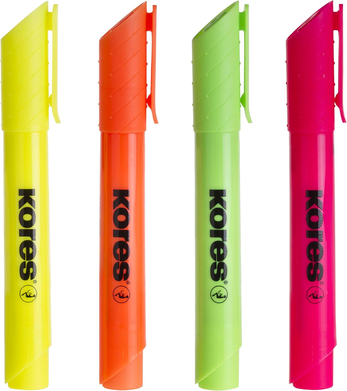 Kores - Fluorescent Highlighter Pen - High Liner Plus, Fluorescent, Water Based-Ink Highlighter Pen with Ergonomic Shape - Stationery School Supplies, Office Supplies - Pack of 4 in Assorted Colours