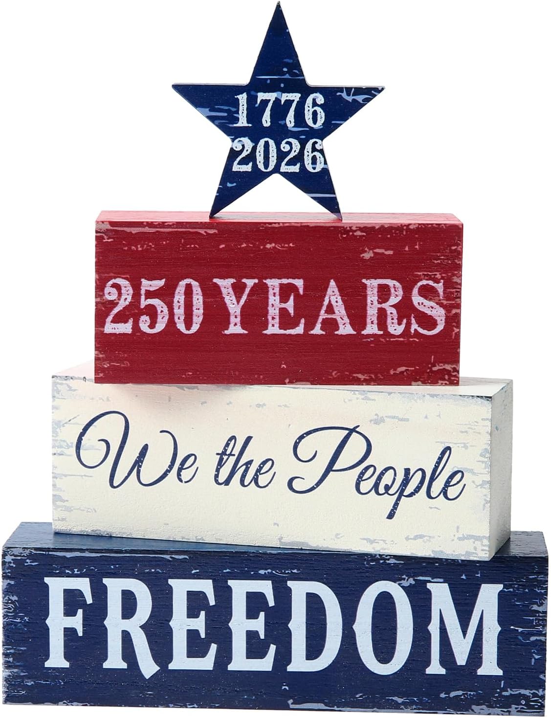 4 Pcs 250 Years American Anniversary Wooden Tabletop Decorations Red White Blue Stars Table Centerpieces Sign Office Tiered Tray Home Shelf for 4th of July Patriotic Memorial Day (b)