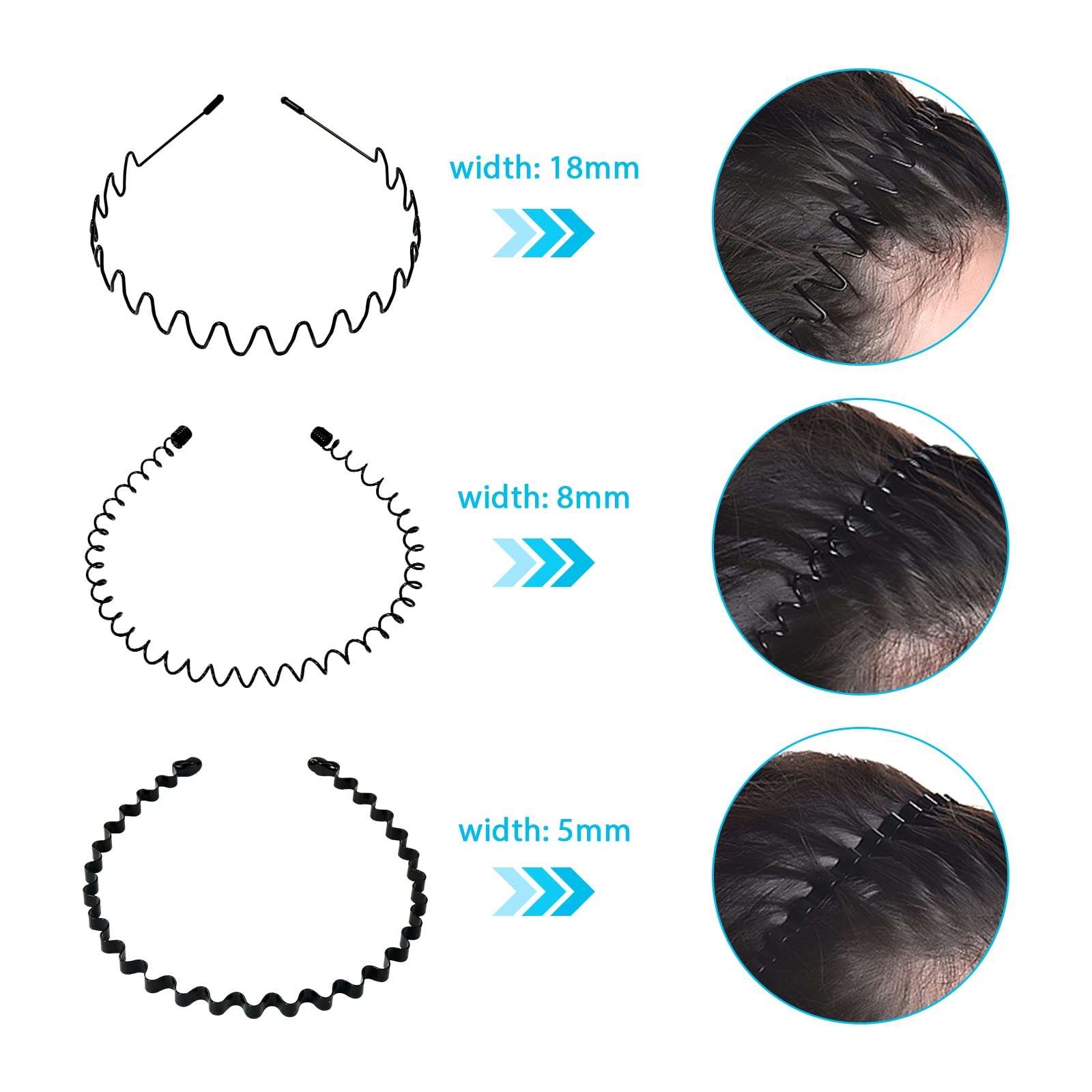 Hanyousheng 3 Pezzi Cerchietto per Capelli in Metallo, Cerchietto Fasce per Capelli Fascia Ondulata Nero, Multiplo Stile Antiscivolo Cerchietto, Adatto per Sport, Yoga, Trucco