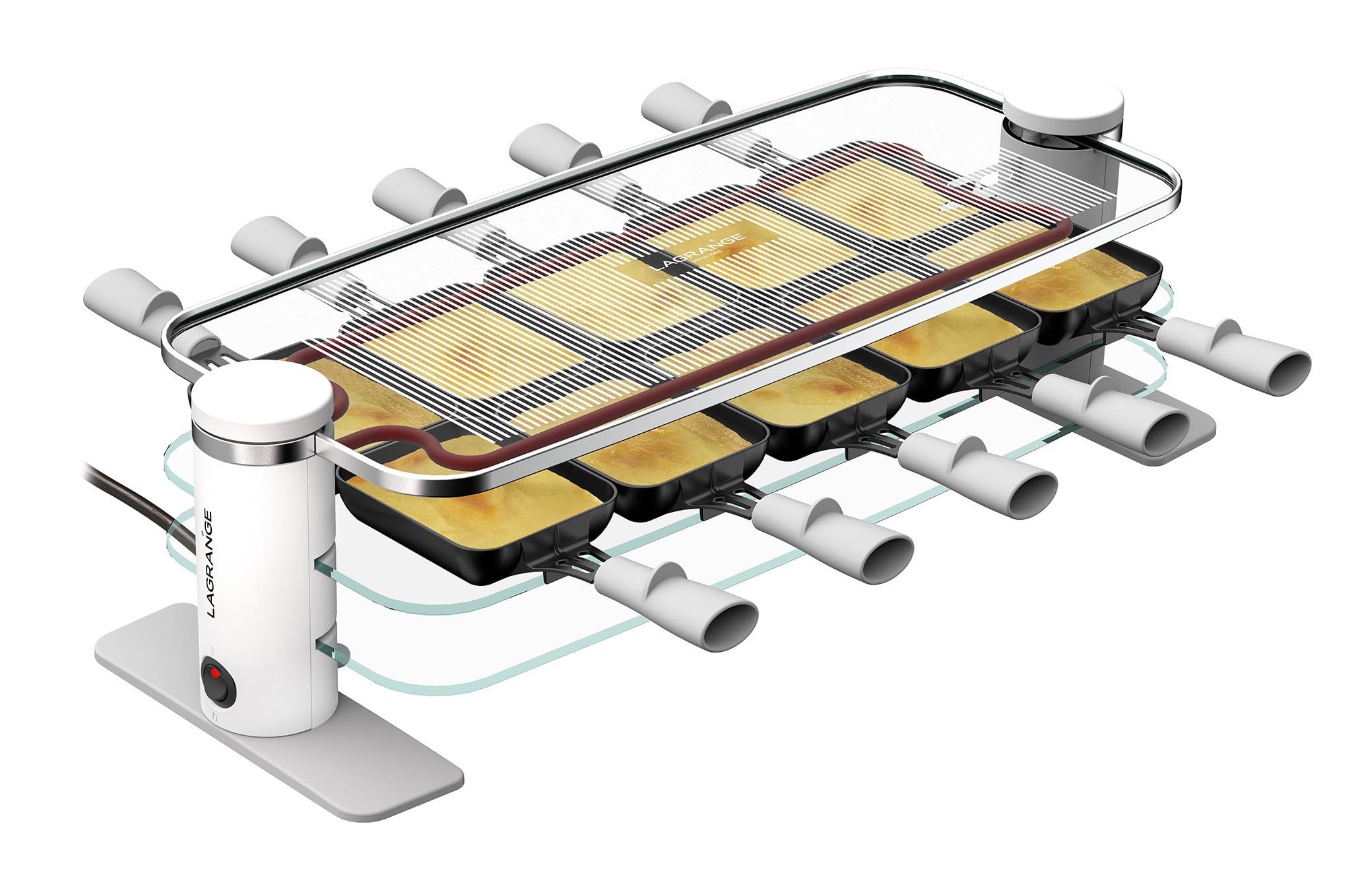 LAGRANGE Appareil à raclette 10 personnes, 1200 W, Plateaux verre, plateau supérieur démontable pour nettoyage simplifié, Repose poêlons intégré, Design épuré, Bouton marche/arrêt, 079901