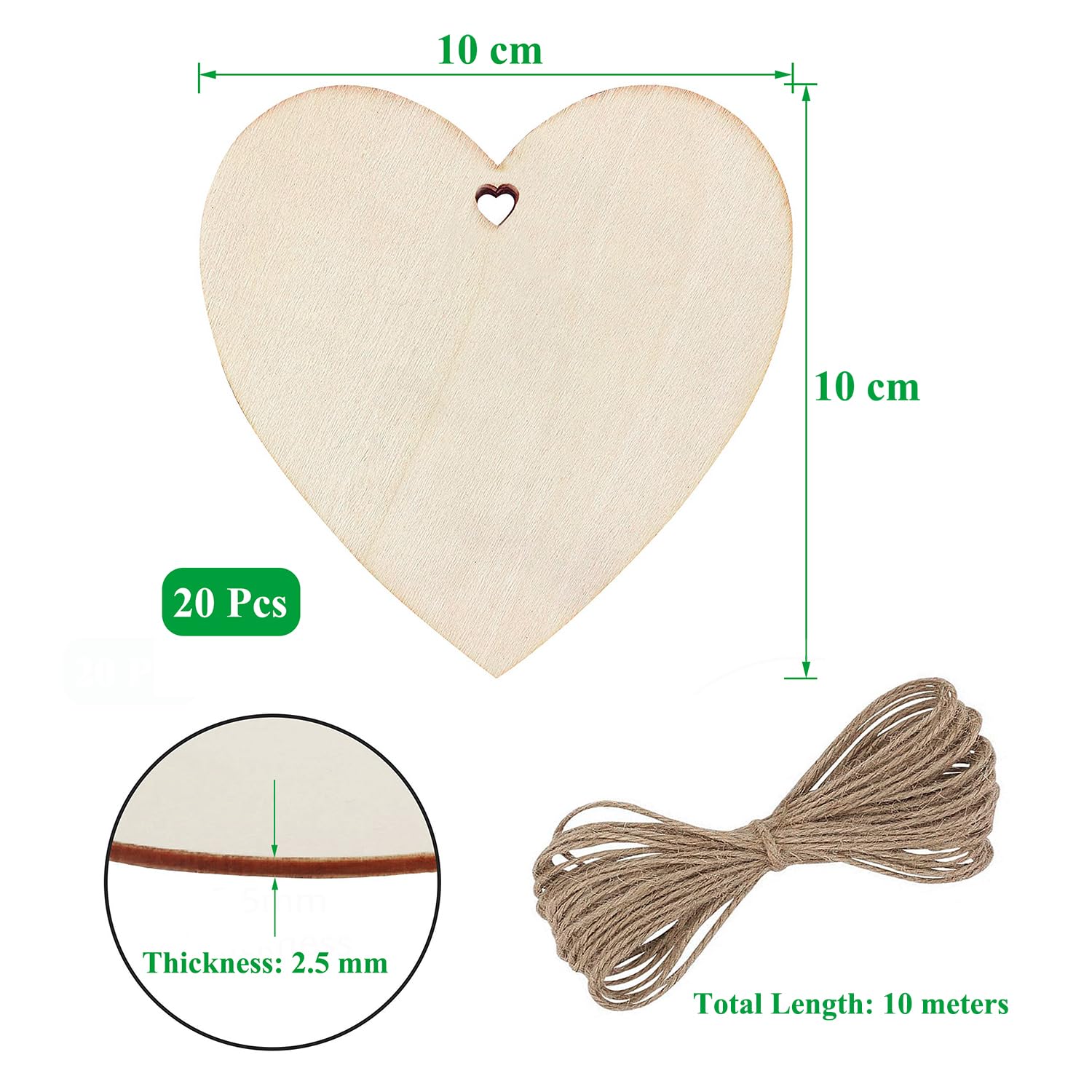 Wooden Hearts,20 pcs Natural Wood Craft Shapes with Hole,Blank Wooden Slice Love Heart Embellishments Wood Discs,for DIY Crafting Arts Paintin Gift Tag Wedding Party Decor,with 10m Natural Twine - Image 2