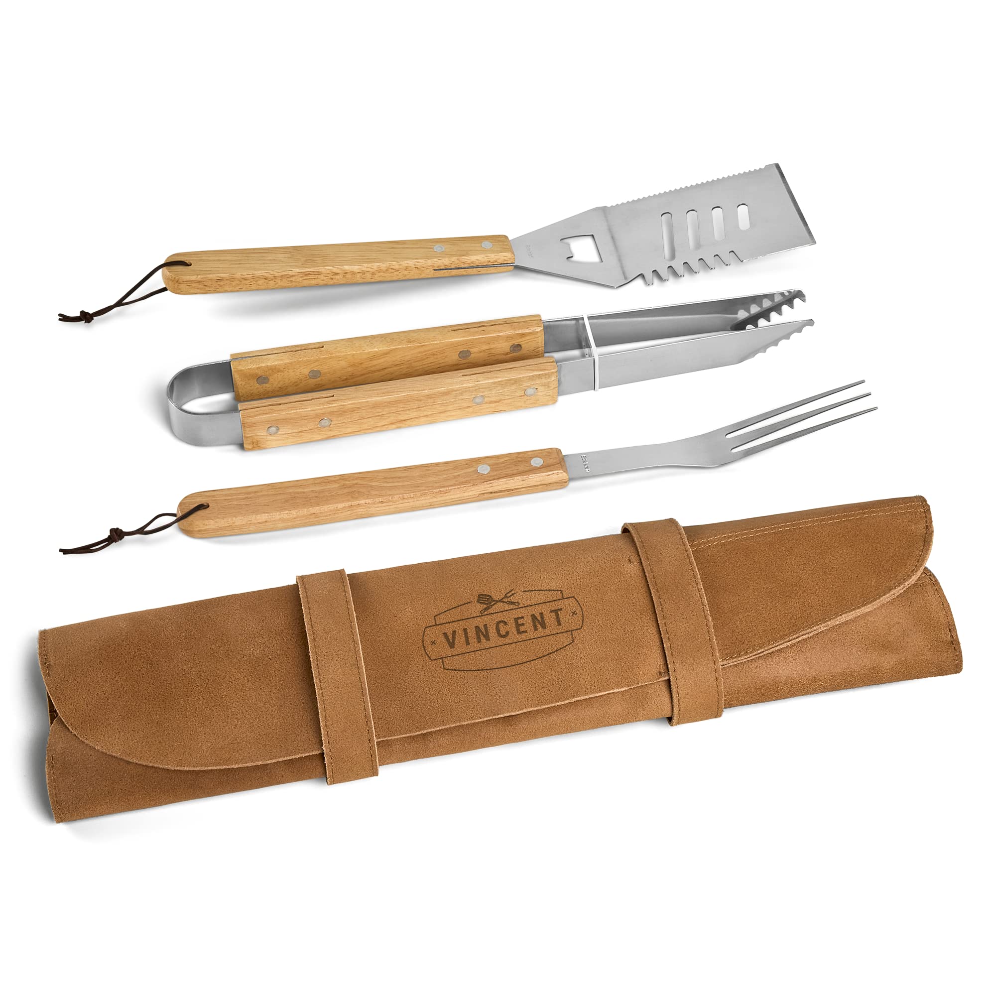 Set barbecue con custodia in pelle personalizzata – Kit 3 utensili in acciaio inox con manico in legno e incisione nome