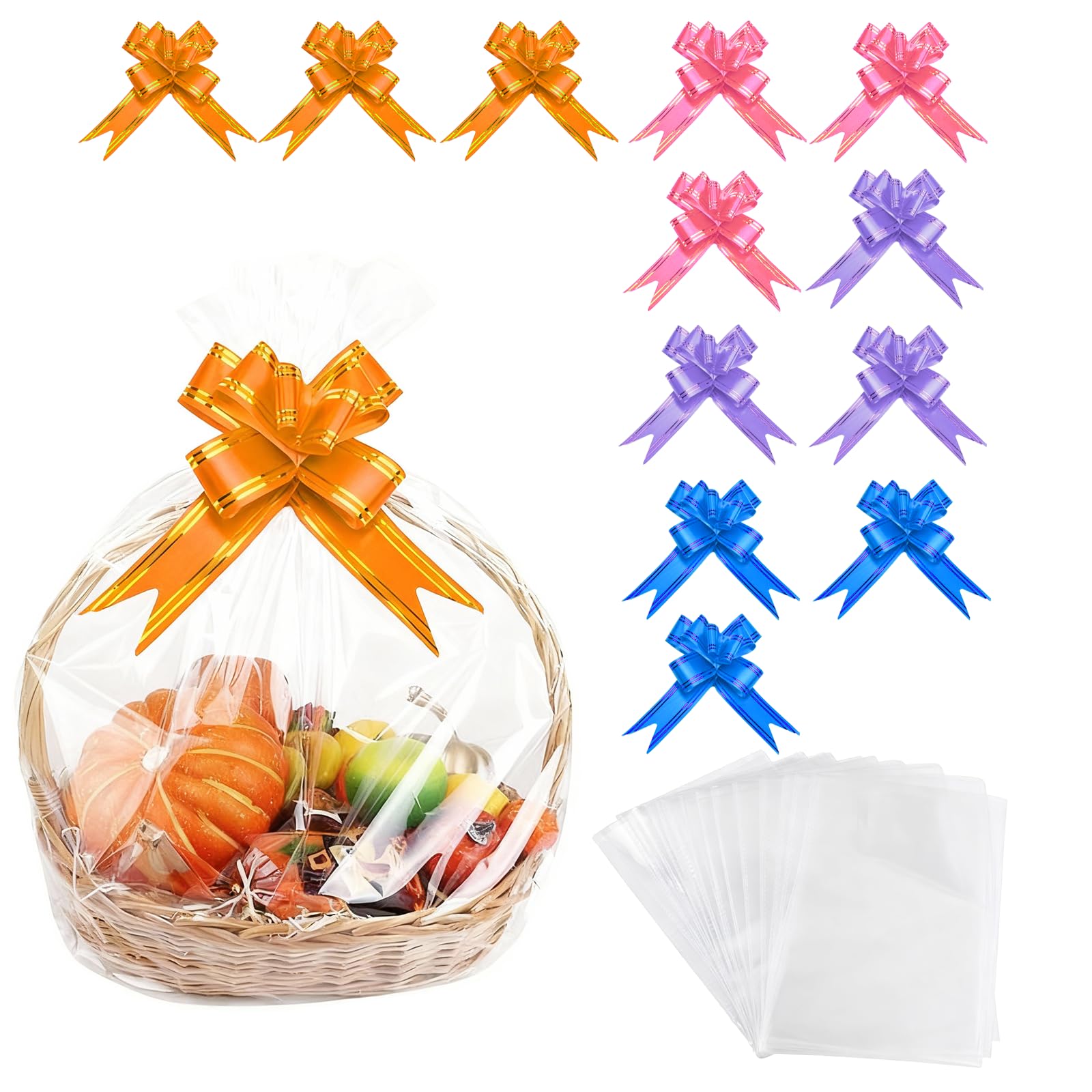 12 Clear Gift Wrap Bags, Premium Large Cellophane Bags for Hampers with Pull Bows, Flat Bottom Cellophane Bags, Clear Wrapping Paper, for Baskets, Gifts, Party Favors, and Holiday Celebrations