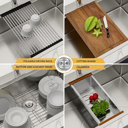 Miniatura 8 de Fregadero de cocina de 33 pulgadas con caída de 33 x 22 pulgadas, fregaderos de cocina de acero inoxidable, montaje superior, calibre 16, repisa