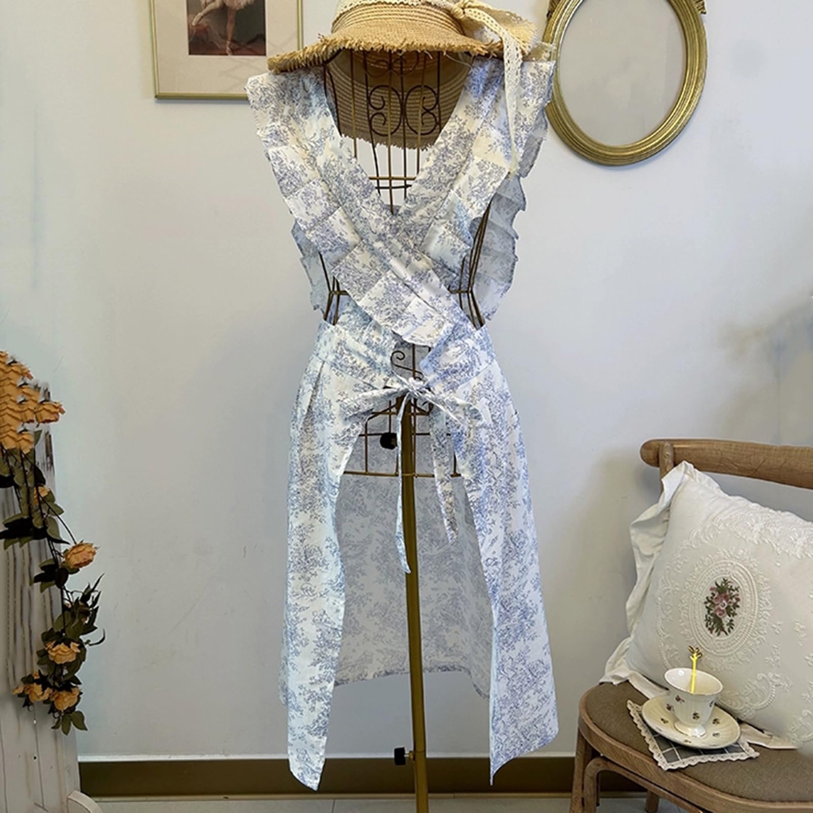 Vintage Fartuchy Damskie, Bawełniany Fartuch Dla Kobiet Z 2 Kieszeniami, Do Codziennego GotowaniaBlue,One Size