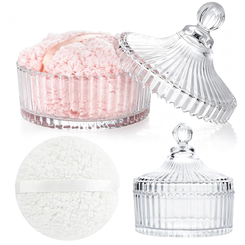 XIEJ Conjunto com 2 puffs extragrandes para pó e 2 recipientes de vidro com tampa, rosa e branco