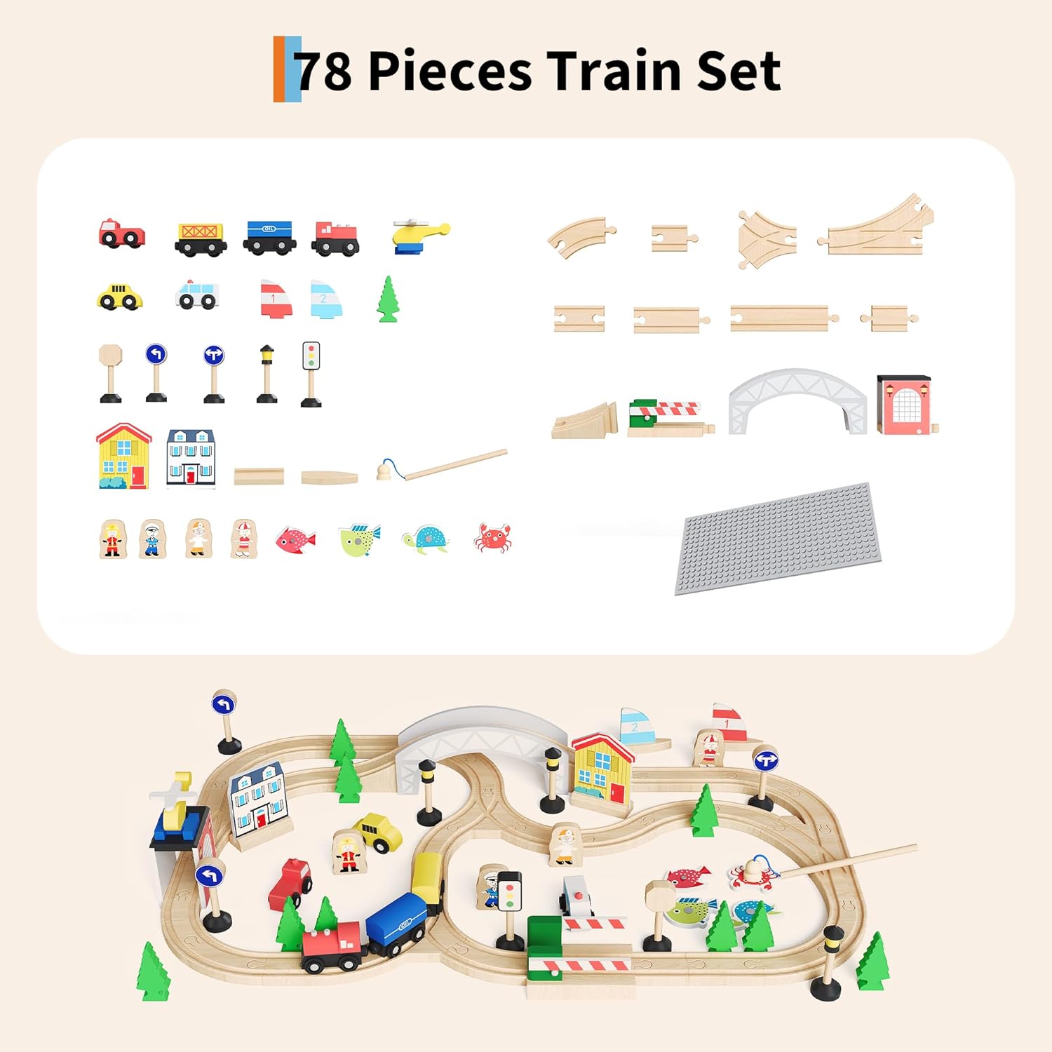 78 Piece 4-in-1 Wooden Train Table for Toddlers & Kids, Multipurpose Activity Play Set with Reversible Top, Tracks & Built-in Storage, Natural Wood
