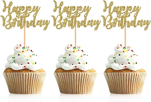 Donoter 48 Pcs Gold Glitter Happy Birthday Cupcake Toppers Cake Picks for Birthday Party Decoration Supplies Gold