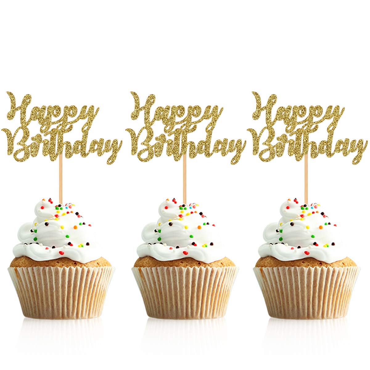 Donoter 48 Pcs Gold Glitter Happy Birthday Cupcake Toppers Cake