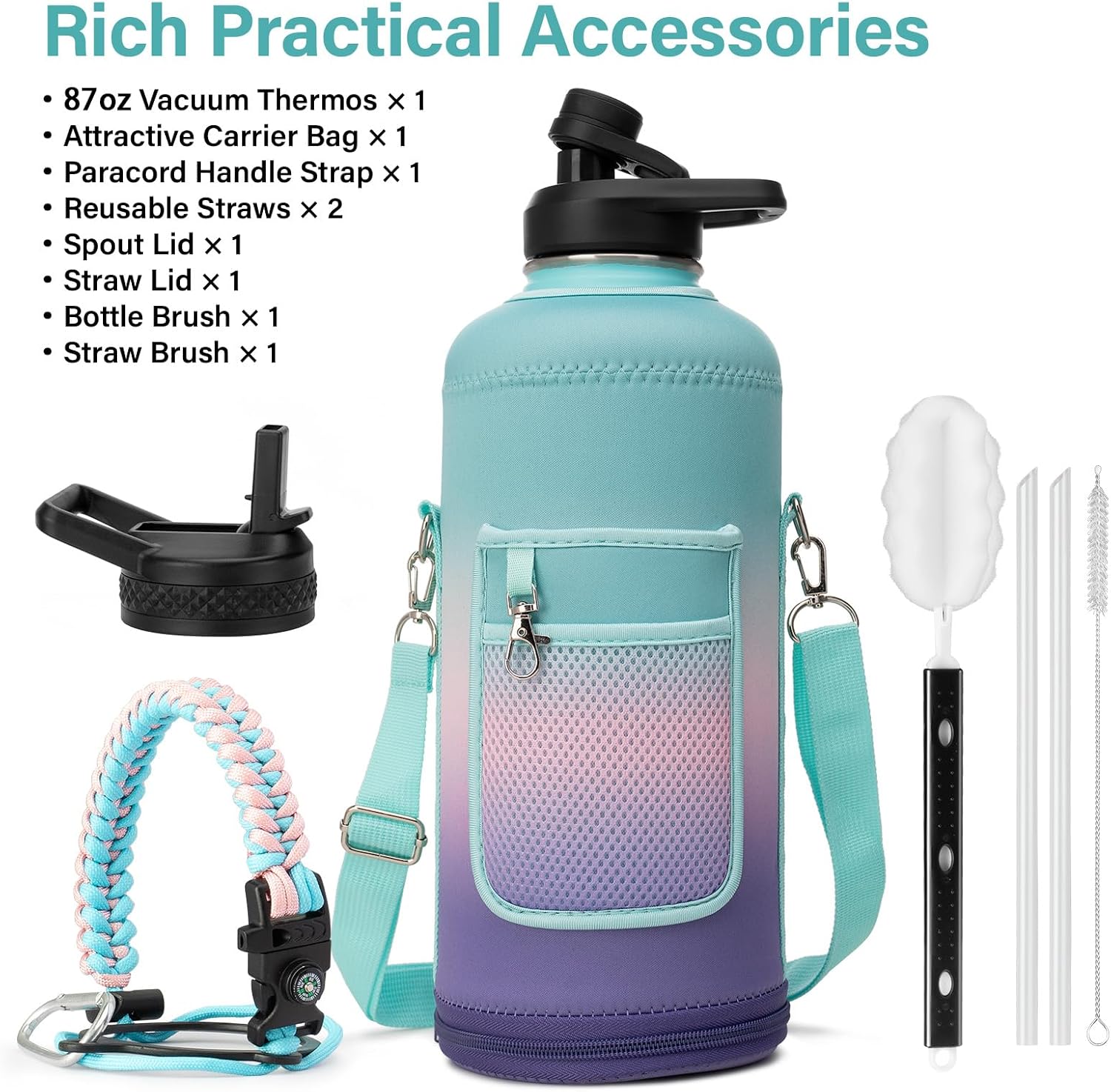 dysanky insulated water bottle | thickened stainless steel for gym and hiking with straw, carrier bag, handle strap | bpa-free 87 oz hydrangea 87 ounces