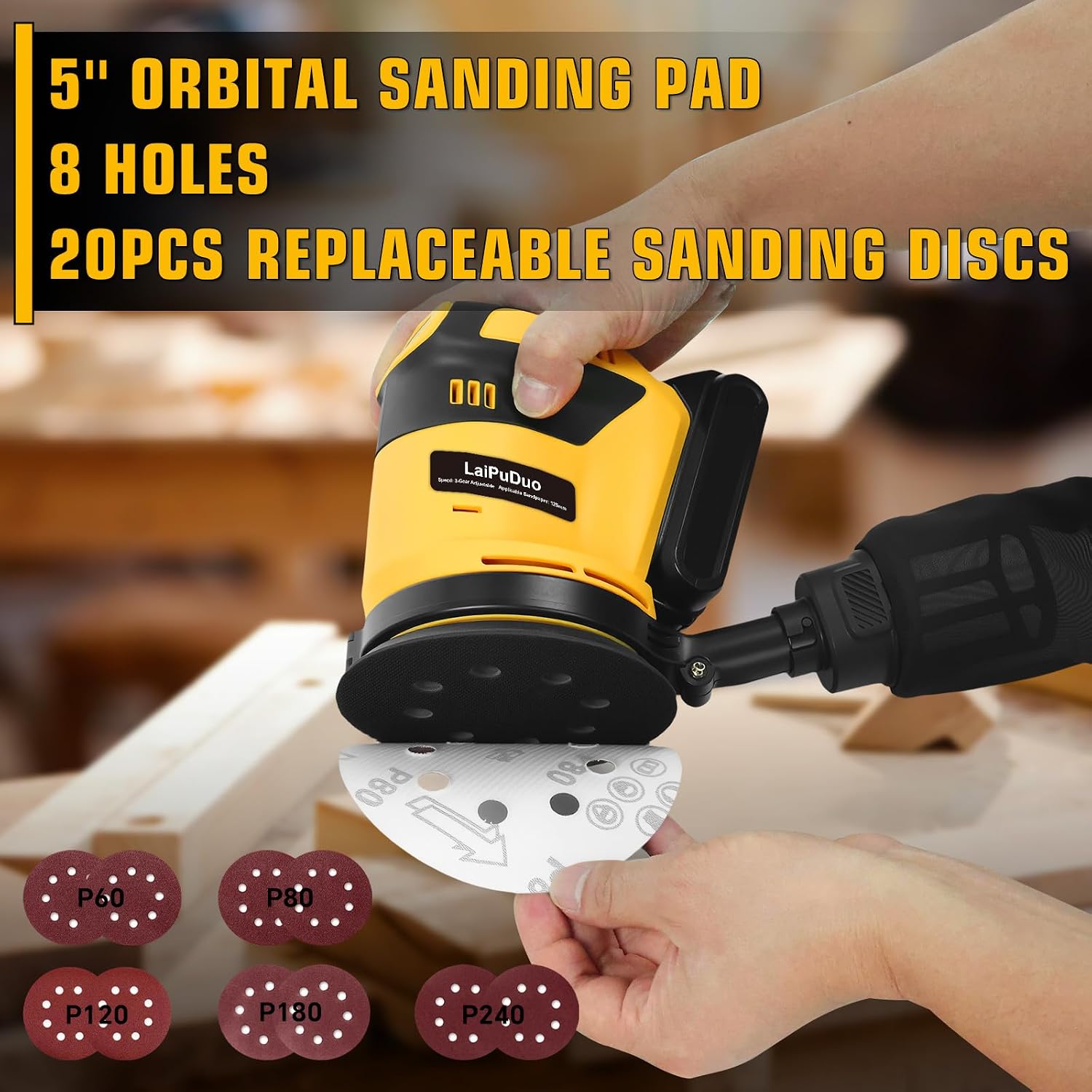 Cordless Random Orbital Sander for Dewalt 20V Battery, 5 Inch Orbit Sander, 3 Variable Speed 7000-11000RPM, with Dust Collector for Sanding, Polishing and Woodworking(No Battery)