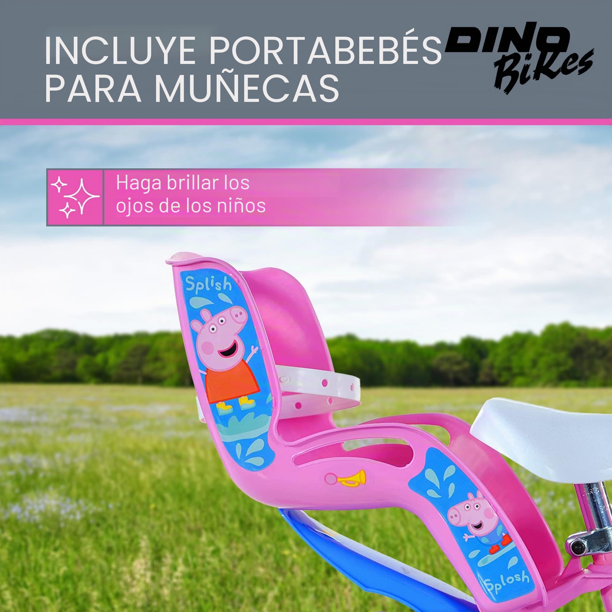 Dino Bikes – Bicicleta Infantil de 12 Pulgadas Peppa Pig – Bicicleta para niña con estabilizadores Desmontables a Partir de 2 años – Bicicleta Infantil con Cesta Frontal y portamuñecas – Sillín