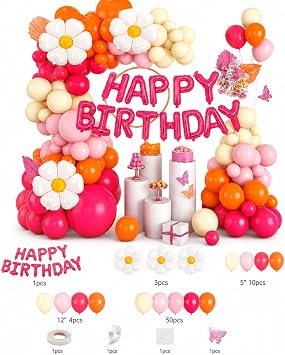 Pastel Parti Seti, Happy Birthday Balon Seti, 68 Parça Doğum Günü Süsleme Seti, Çiçek Folyo Balonlu Balon Kemer Dekorasyon Kiti, Pembe Krem Turuncu Tema