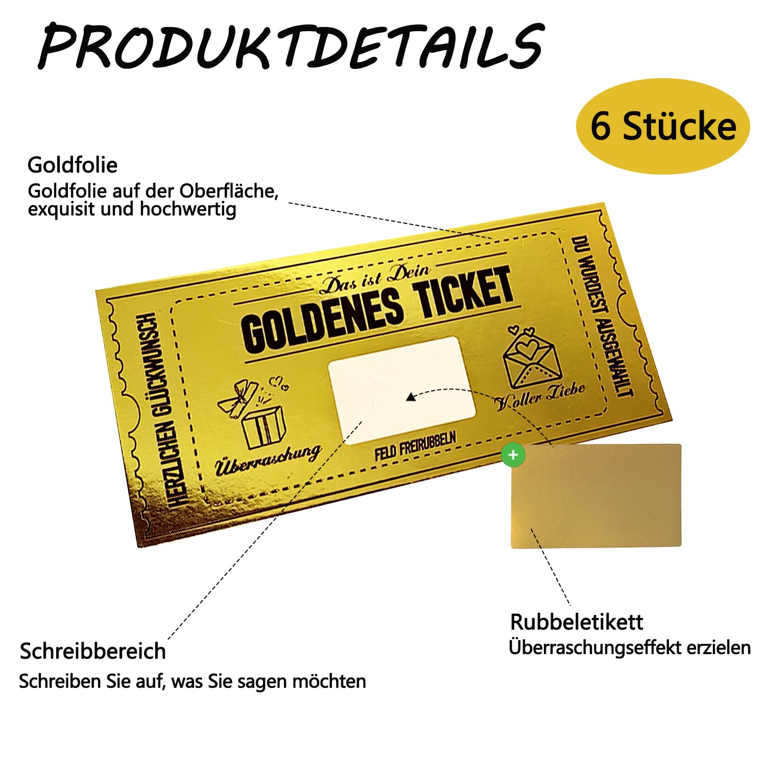 Pack of 6 Golden Ticket Scratch-Free Voucher Card Gift Voucher Travel Voucher to Fill Yourself Birthday Card Golden Ticket with Envelope Gift Idea for Girlfriend, Mum, Child - 3