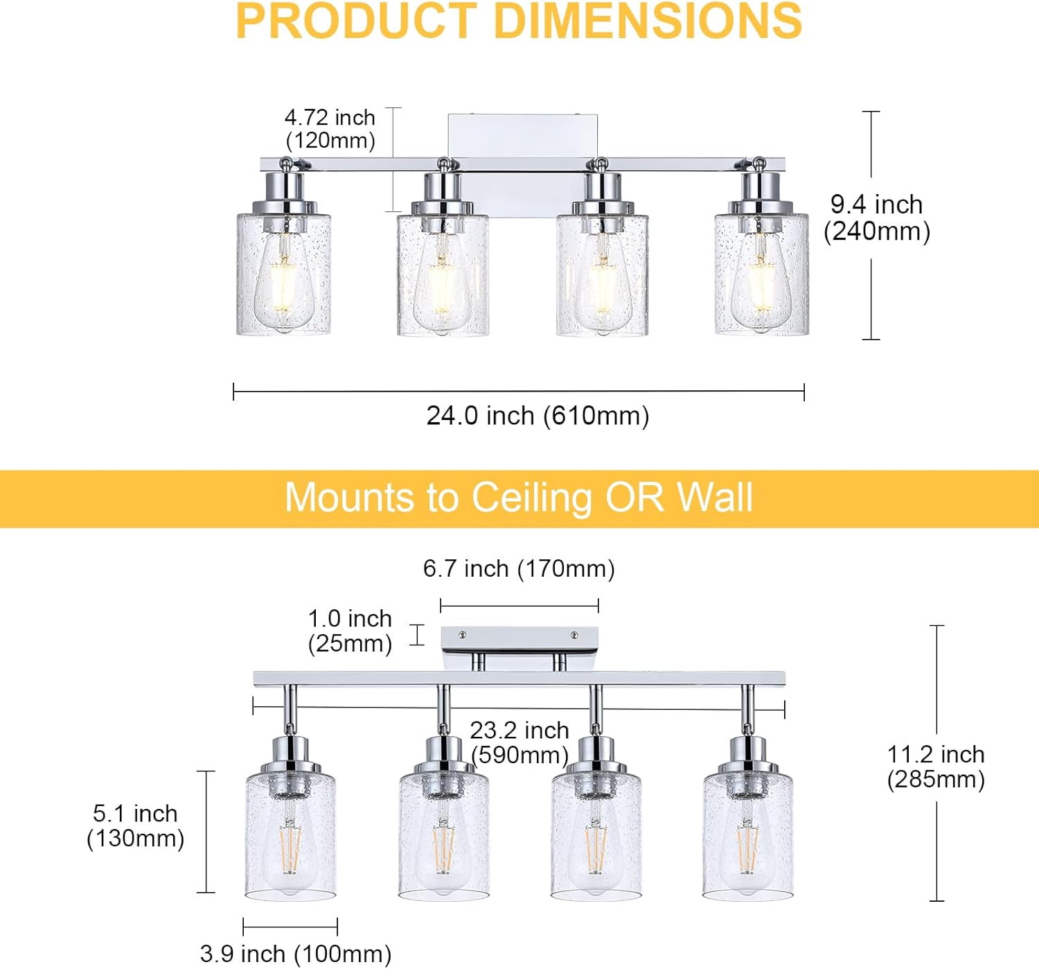 4-Light Multi-Directional Rotating Track Light Fixture Ceiling Track Lighting Heads with Seeded Glass Chrome Track Lighting Kit Bathroom Vanity Light Spotlight Fixtures for Kitchen Accent Shop