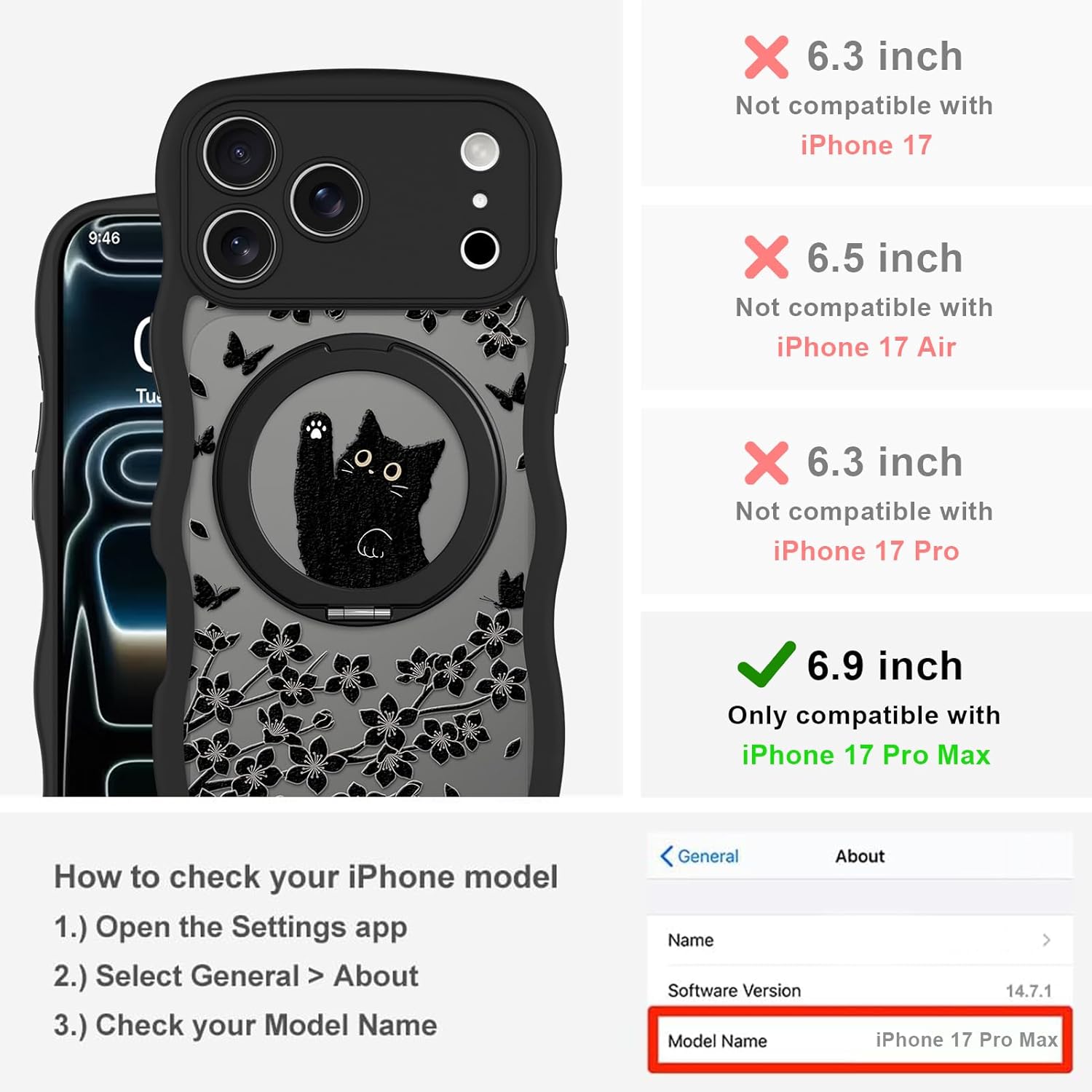 wavy case for iphone 17 pro max case with stand [compatible with magsafe] cute black cat & floral & butterflies pattern design, kawaii 360 magnetic ring kickstand phone cover for women girls black cat & floral - wave edge iphone 17 pro max (6.9 inch)