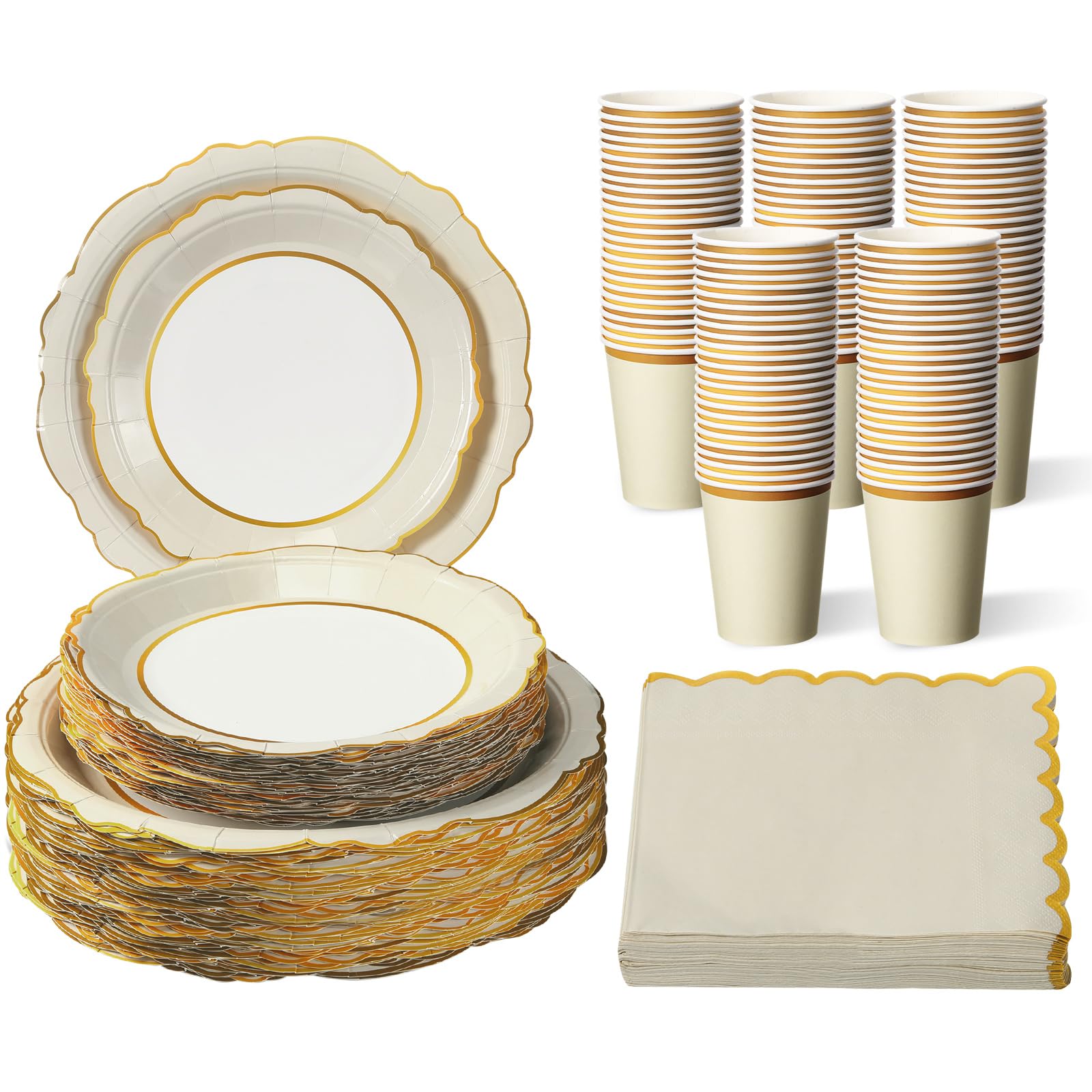 Tioncy Juego de 200 platos de papel desechables, vasos y servilletas, suministros para fiestas para 50 invitados, vajilla de papel desechable festoneada para cumpleaños, boda, baby shower, picnic