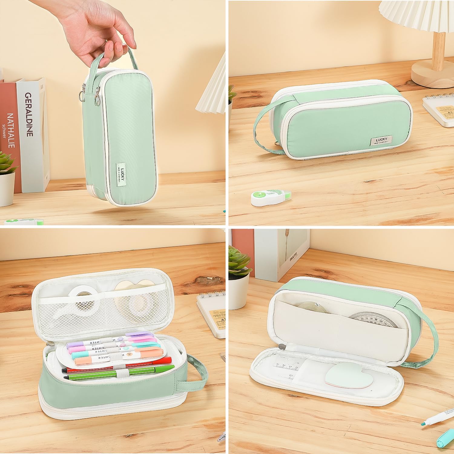 Pencil Case Large Zipper Pencil Pouch for Girls Kids Teens Adults Aesthetic Pencil Bag Stationery Organizer Pen Pencil Case with Handle for School Green