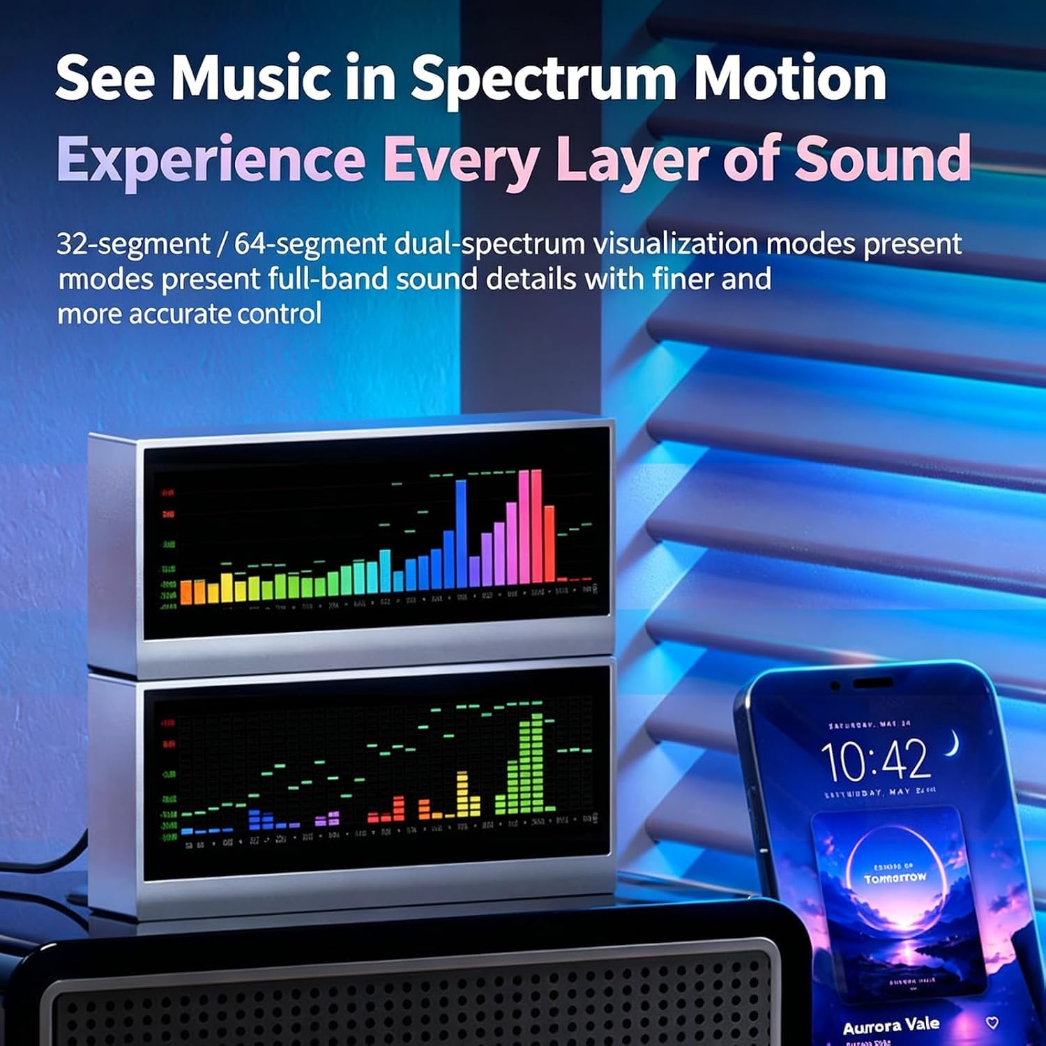 Lampada ritmica Spectrum con orologio, 7 effetti visivi, luminosità regolabile, ideale per studio Hi-Fi, gaming e decorazione desktop. VU meter da scrivania.