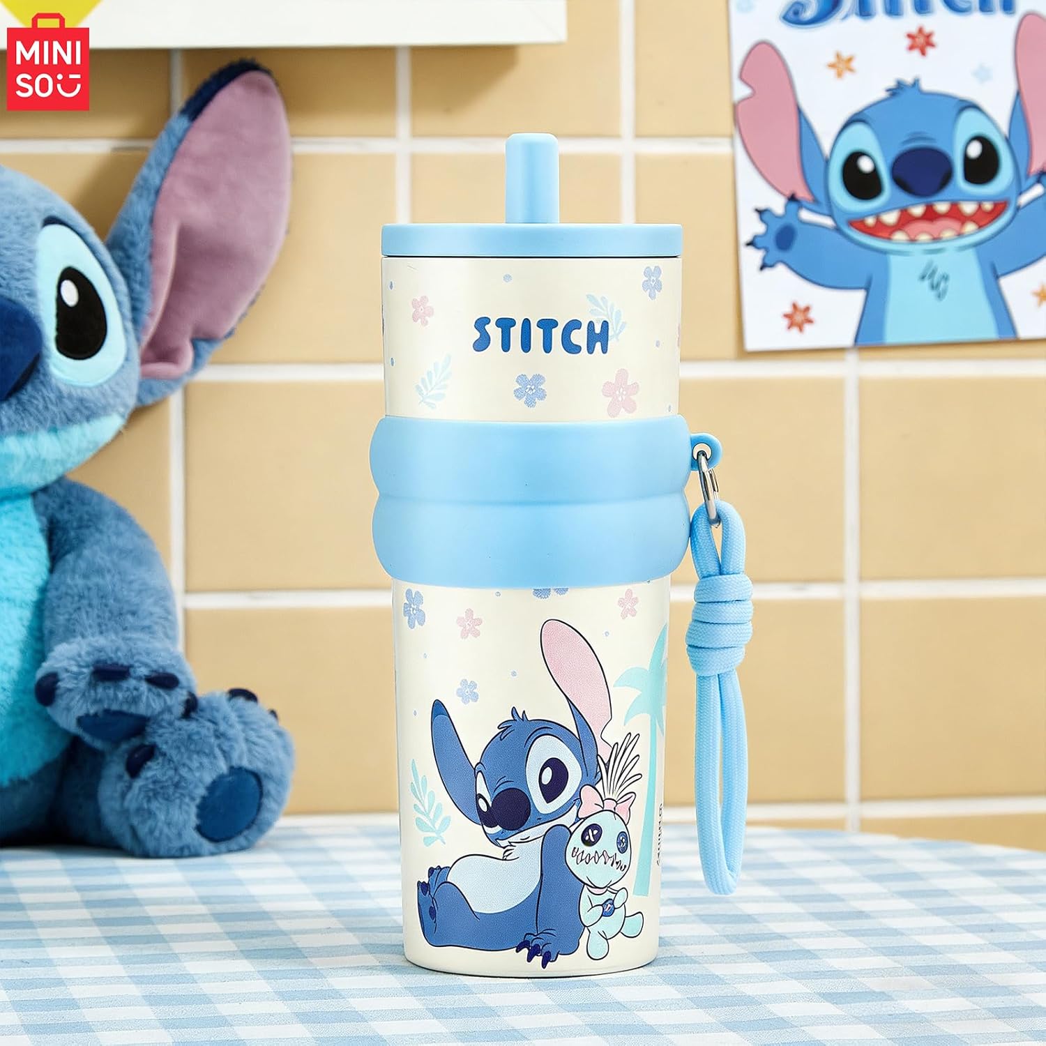 MINISO Disney Stitch Water Bottle, 20oz Lilo&Stitch Insulated Stainless Steel Bottle, Cartoon Vacuum Insulated Tumbler, Leak Proof Flip Top Stitch Cup for Sport Travel Office (Blue)
