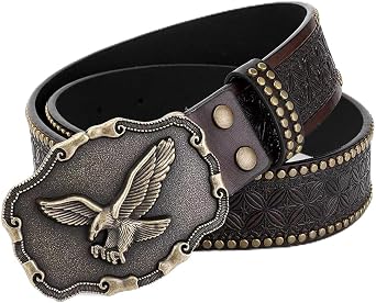 VERENIX Flying Eagle Western Cowboy Rivet Retro Brown Leather Waist Belt for Men Causal Golf Pants Polo Shirts Matching Steampunk Rock Buckle Belts Pattern Floral Engraved Buckle Belt