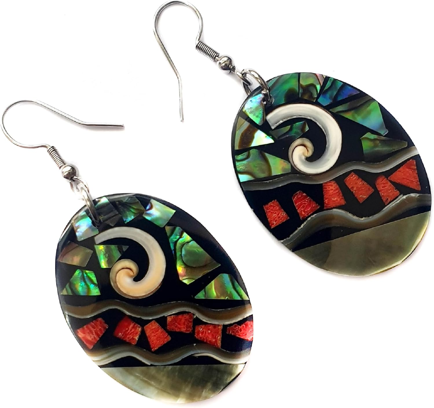 Oval Paua Abalone, Red Coral & Mother of Pearl Earrings, Dangle Drop Seashell Fashion Jewelry DA117 - Image 7