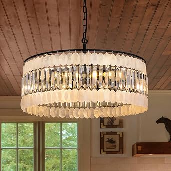 Wellmet Crystal Capiz Shell Chandelier, Black Crystal Chandelier, 6-Light Modern Black Pendant Light, for Living Room, Bedroom, Dining Room, Kitchen, Bar