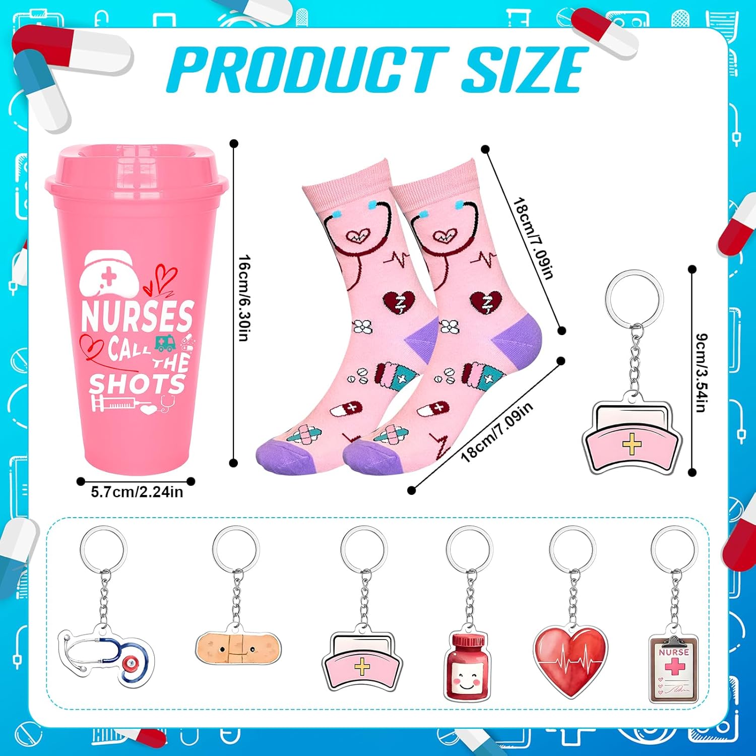 18 Pcs Nurse Appreciation Gifts Nurse Gifts for Women Include 6 Plastic Tumblers Bulk 6 Novelty Socks 6 Keychain for Nurses Doctor Medical Pharmacists Graduation Present