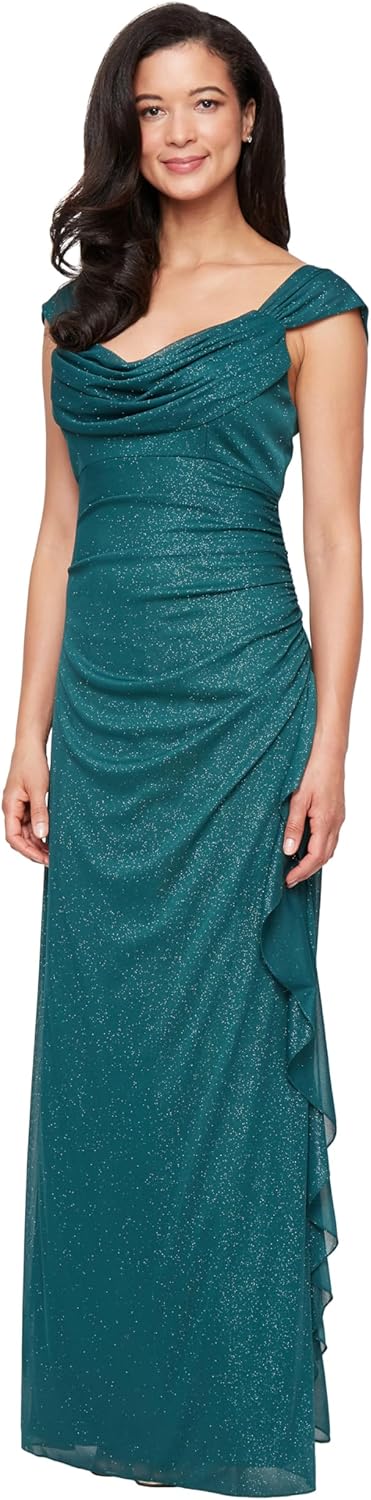 Alex Evenings Womens Long Cowl Neck Glitter Dress, Mother of The Bride, Formal Events