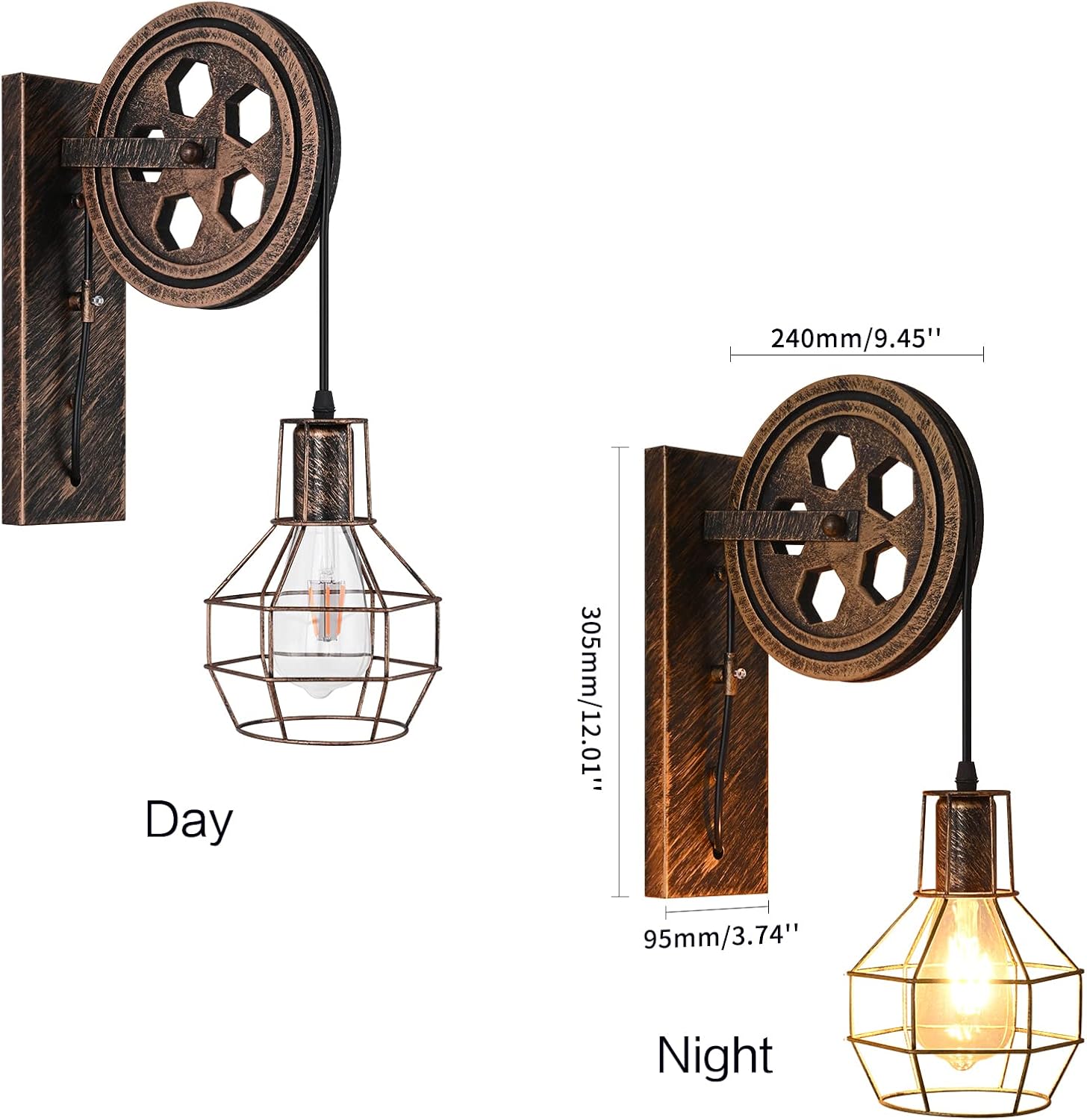 Retro Industrial Wall Sconce, 2Pack Antique Brass Vintage Plug in Wall Lighting, Industrial Lantern Retro Lamp Metal Wall Light Fixtures for Bedside Bedroom Home Dining Room