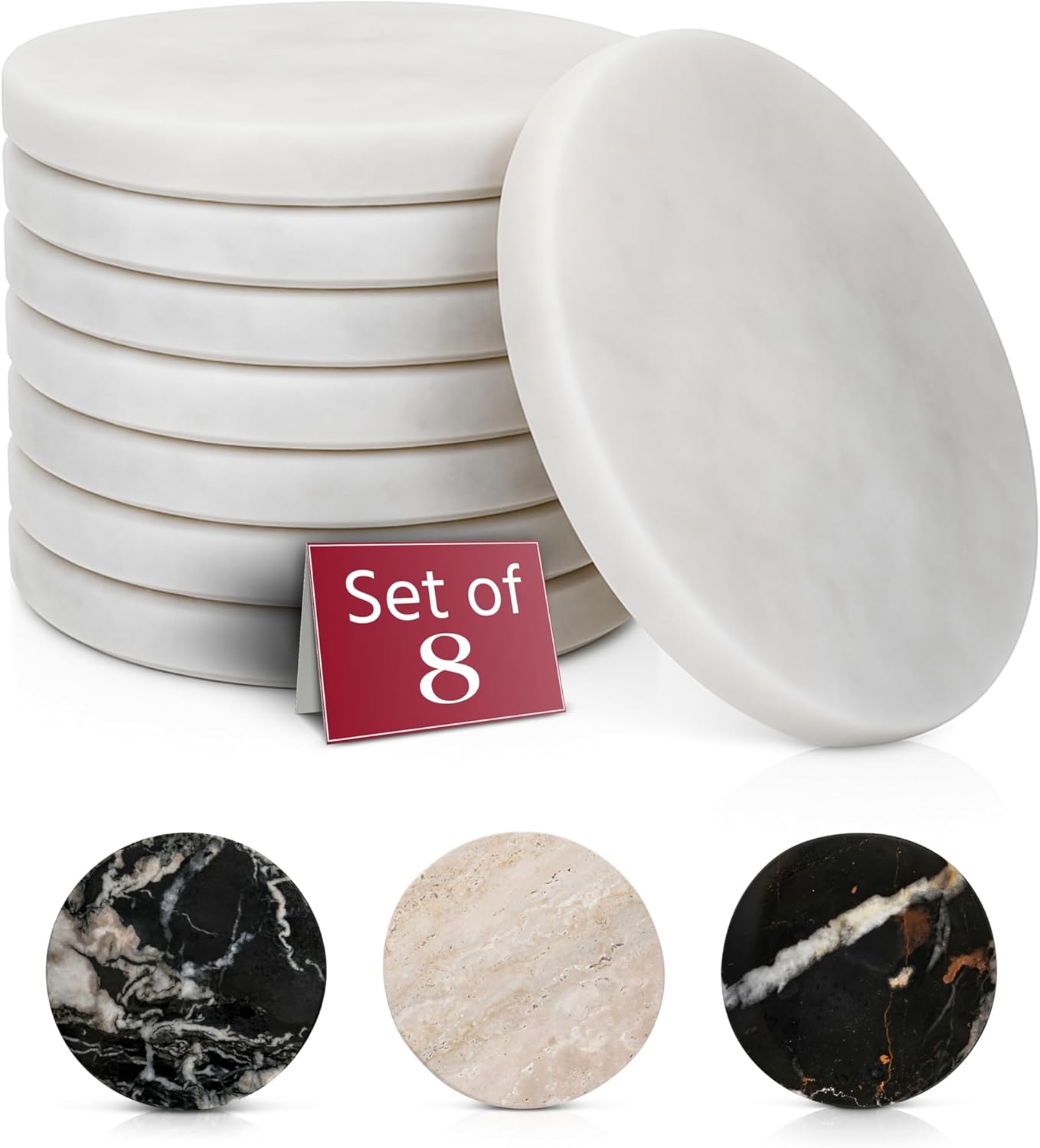 Gusto Nostro Marble Coasters Set of 8 - Modern Natural Stone Coasters for Drinks - Genuine Marble Kitchen Accessories, Round Artisanal Stone Coaster for Kitchen Counter, Coffee Table, Countertop