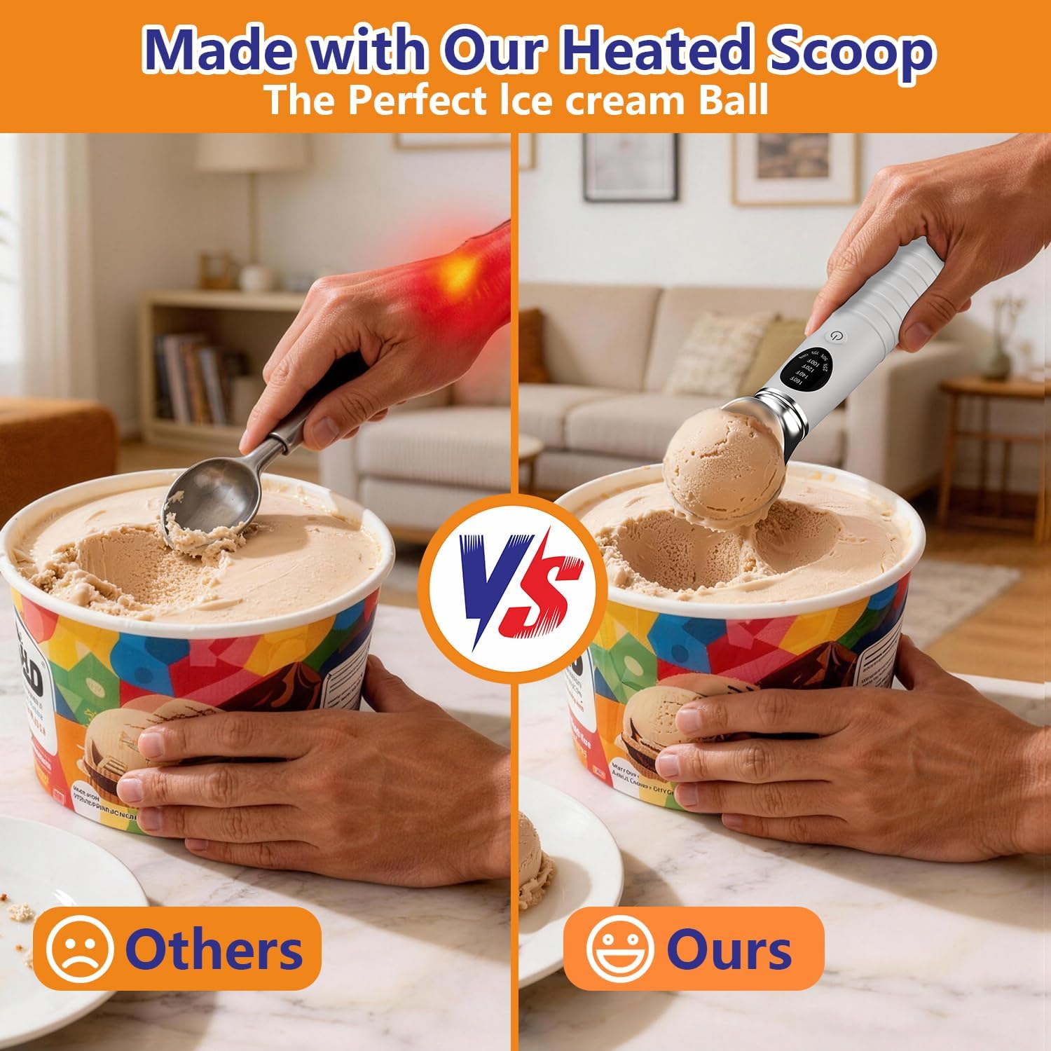 Heated Ice Cream Scoop Rechargeable, Electric Warming Ice Cream Scooper with LED Display, Heats to 158°F for Hard Ice Cream & Home Use, IP67 Waterproof, White