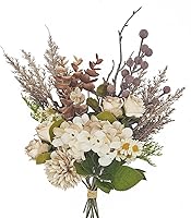 PEAULEY 12-Inch Artificial Fall Silk Flower Bouquet - Realistic Roses, Hydrangeas, Daisies, Hollyberries for Table Centerpieces & Home Decor