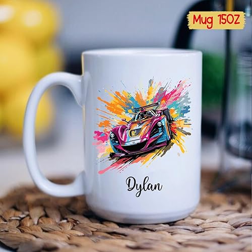 Miniatura 6 de Taza personalizada de carreras de autos con nombre, regalos de taza de café de carreras de coches, taza de té deportiva, taza de acuarela de