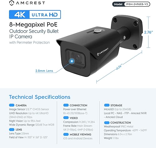 Miniatura 8 de Amcrest Sistema de cámara de seguridad 4K con NVR PoE 4K 8CH 4 x 4K 8 megapíxeles IP67 resistente a la intemperie cámaras IP POE lente de 0110in