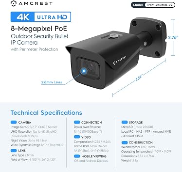 Amcrest UltraHD 4K (8MP) Outdoor Bullet Security IP POE Camera, 98ft NightVision, 2.8mm Lens, IP67 Weatherproof, 256GB MicroSD Recording, Black (IP8M-2496EB-V2)