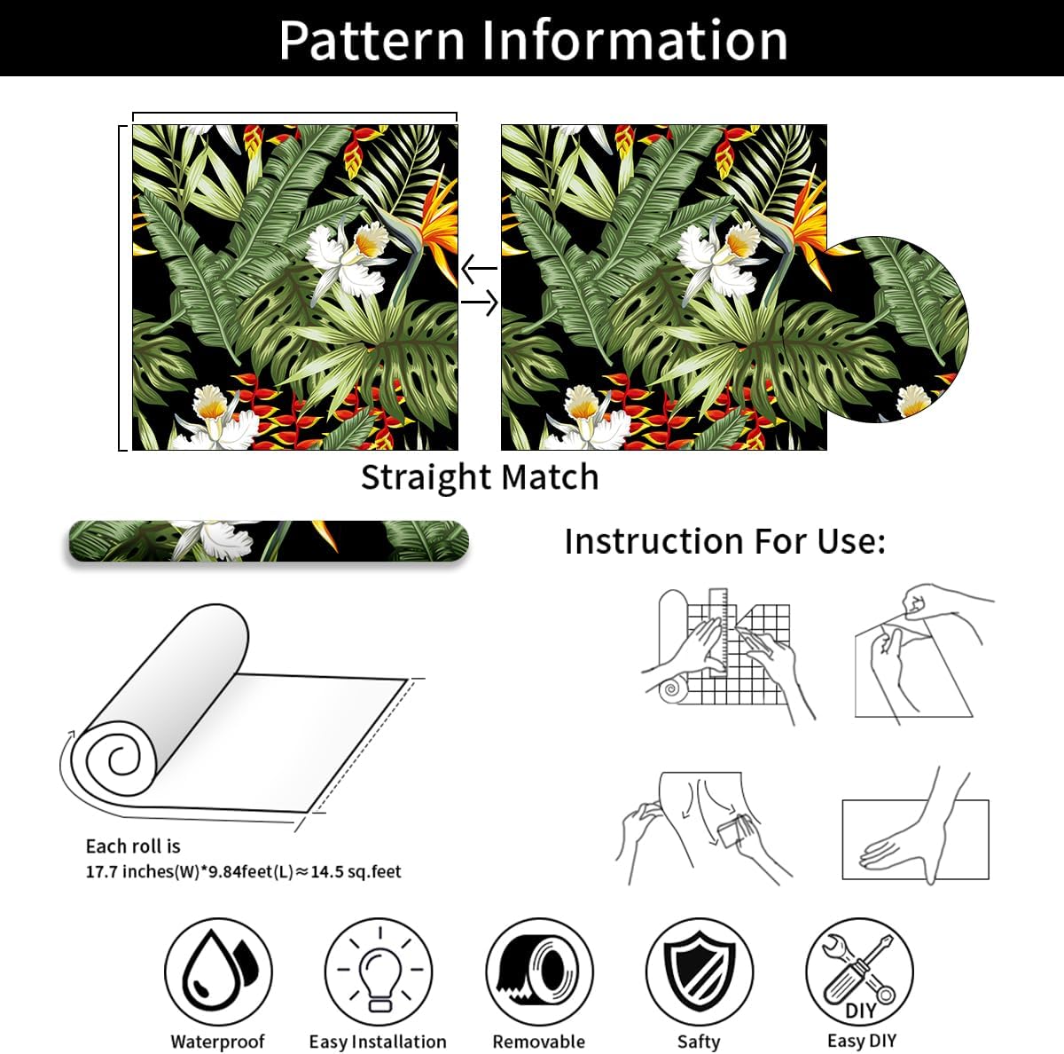 Yellow and White Flower Tropical Jungle Wallpaper ，17.71" x 236.2" Peel and Stick Bathroom Waterproof Vinyl Removable Self Adhesive Contact Paper for Kitchen Cloakroom Walkway Background Wall