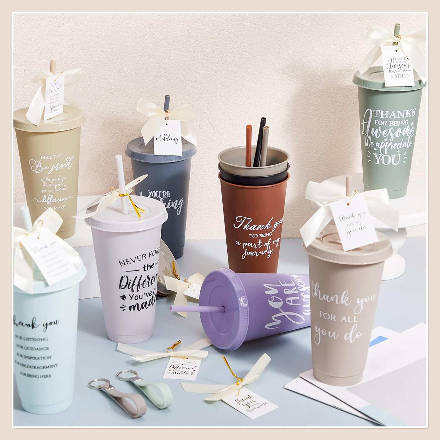 Tioncy 30 Sets Employee Appreciation Gifts Bulk 24 oz Plastic Tumbler with Lid and Straw Reusable Coffee Cups with Keychain Bowknot Card Christmas Gifts for Coworker Staff Worker Favors(Encourage) - Image 5