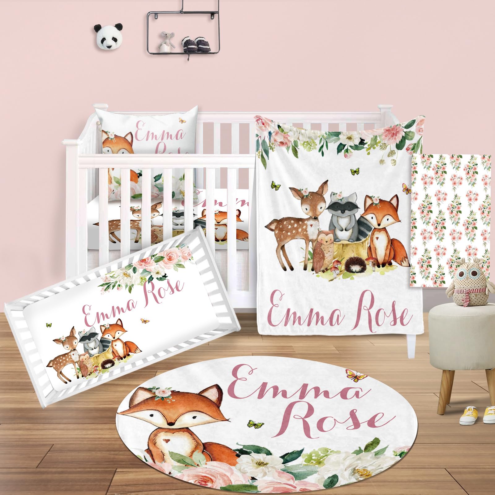 Custom Nursery Crib Bedding Set: Personalized Nursery Decor Baby Blanket Fitted Crib Sheet Changing Pad Cover Baby Room Rug Woodland Animal Fox Pattern Gift Idea(Fixed Size)