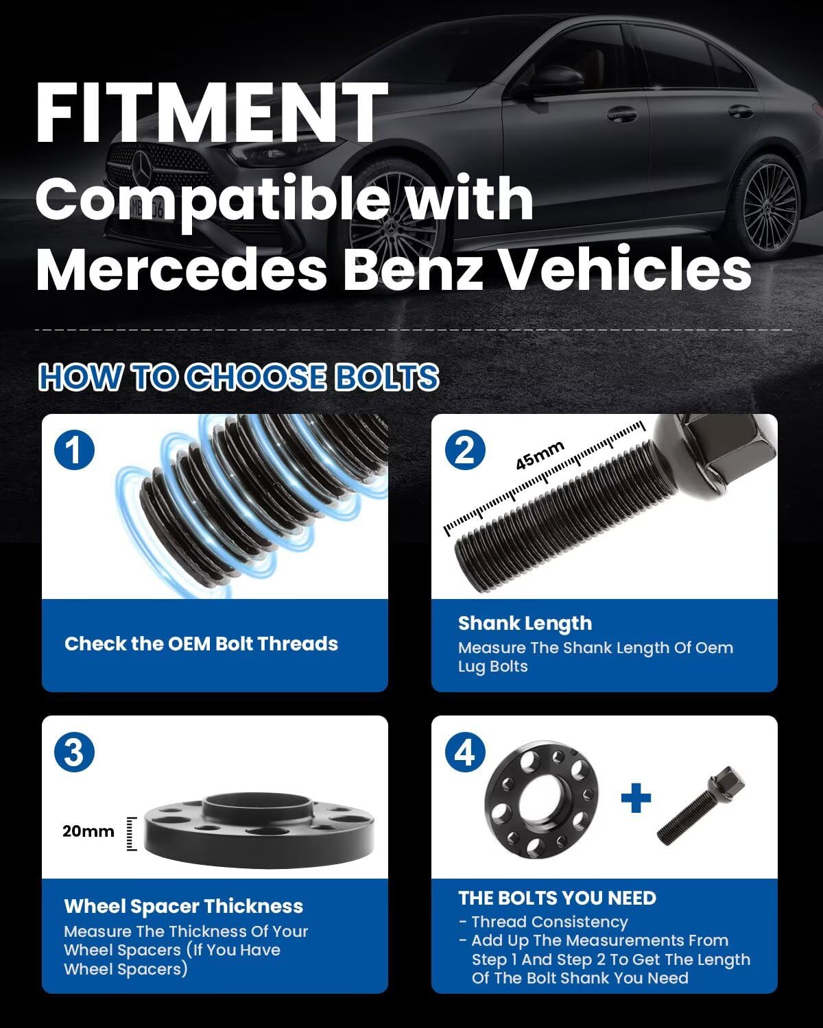 GAsupply 14x1.5 Lug Bolts, Compatible with Mercedes Benz Vehicles, 20pcs Black Conical Seat 45mm Shank Lug Studs for Wheel Spacers, 17mm Hex, 45mm Thread Length Extended Wheel Hub Bolt
