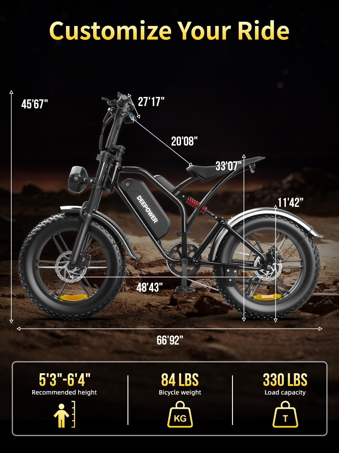 Diagram showing the dimensions of the DEEPOWER S20-20AH Electric Bike, including handlebar height, total length, wheelbase, seat height, wheel diameter, seat-to-handlebar distance, and handle length.