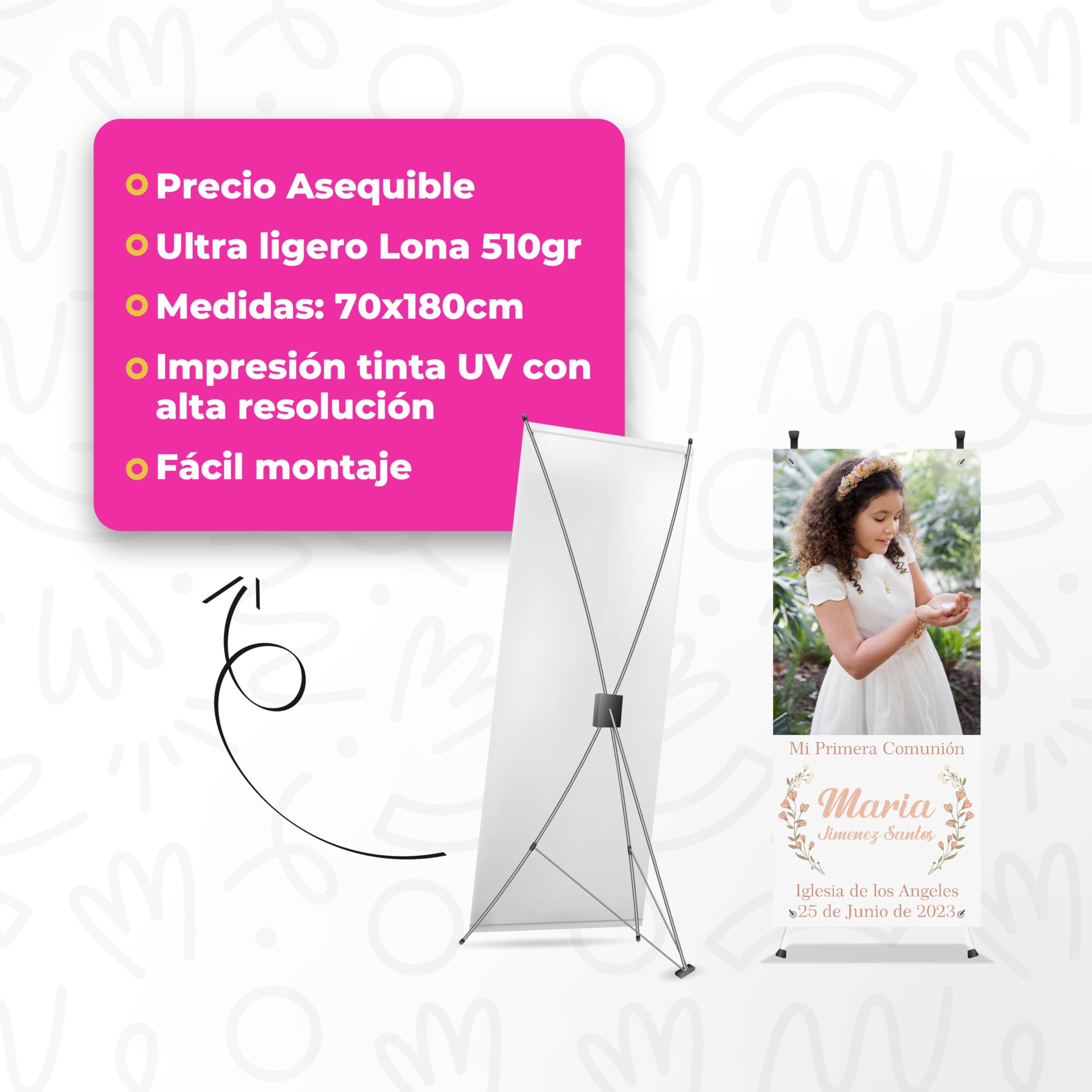 Cartel Personalizado Comunion - Photocall comunion con Foto para Decoracion | Print Stamp Love, Decoracion comunion, Lona personalizada PVC Resistente con Estructura, Montaje fácil (70x180cm) MODELO 2