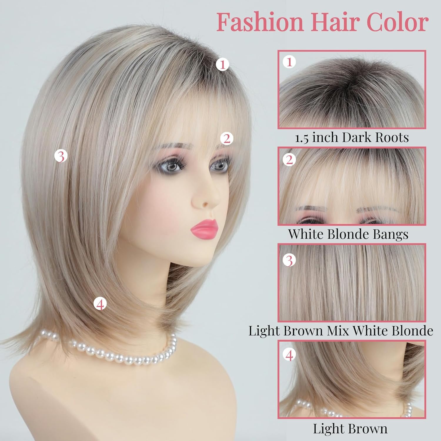 RENERSHOW Layered Mid-length Mix Blonde Bob Wig with Bangs Straight Heat Synthetic Wigs for White Women 12-inch Adjustable Average Size Natural Looking Daily to Party Ombre Wig - Image 4