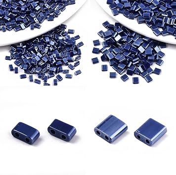 NBEADS About 520 Pcs 2 Hole Half Beads, 5x5mm/5x2mm 2-Hole Marine Blue Rectangle Mini Japanese Glass Seed Beads for Bracelet Necklace Earring Jewelry Making