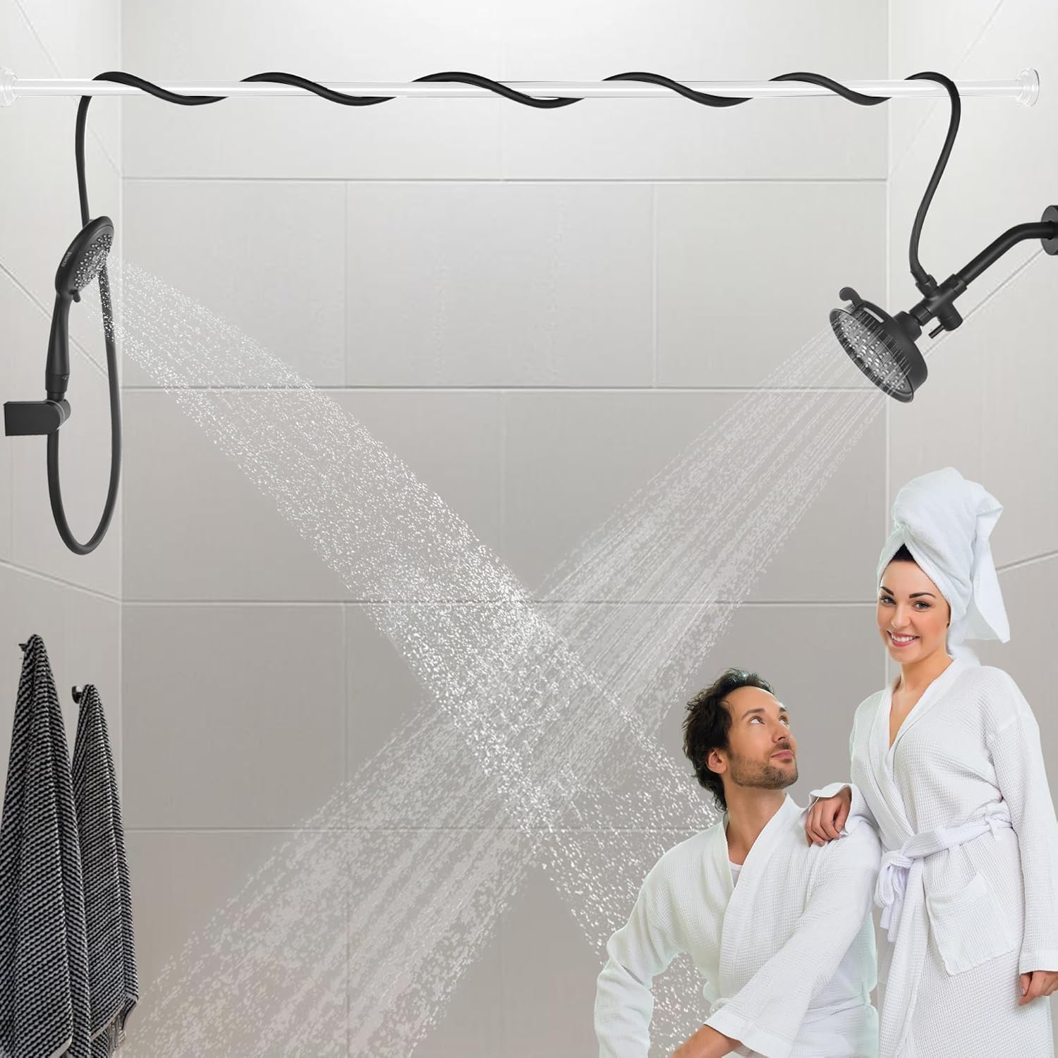 Dual Shower Head for Couples with 5 Spray Modes High Pressure Double Tandem Shower Heads for Two People Equipped with 3 Meter Shower hose, Matte Black