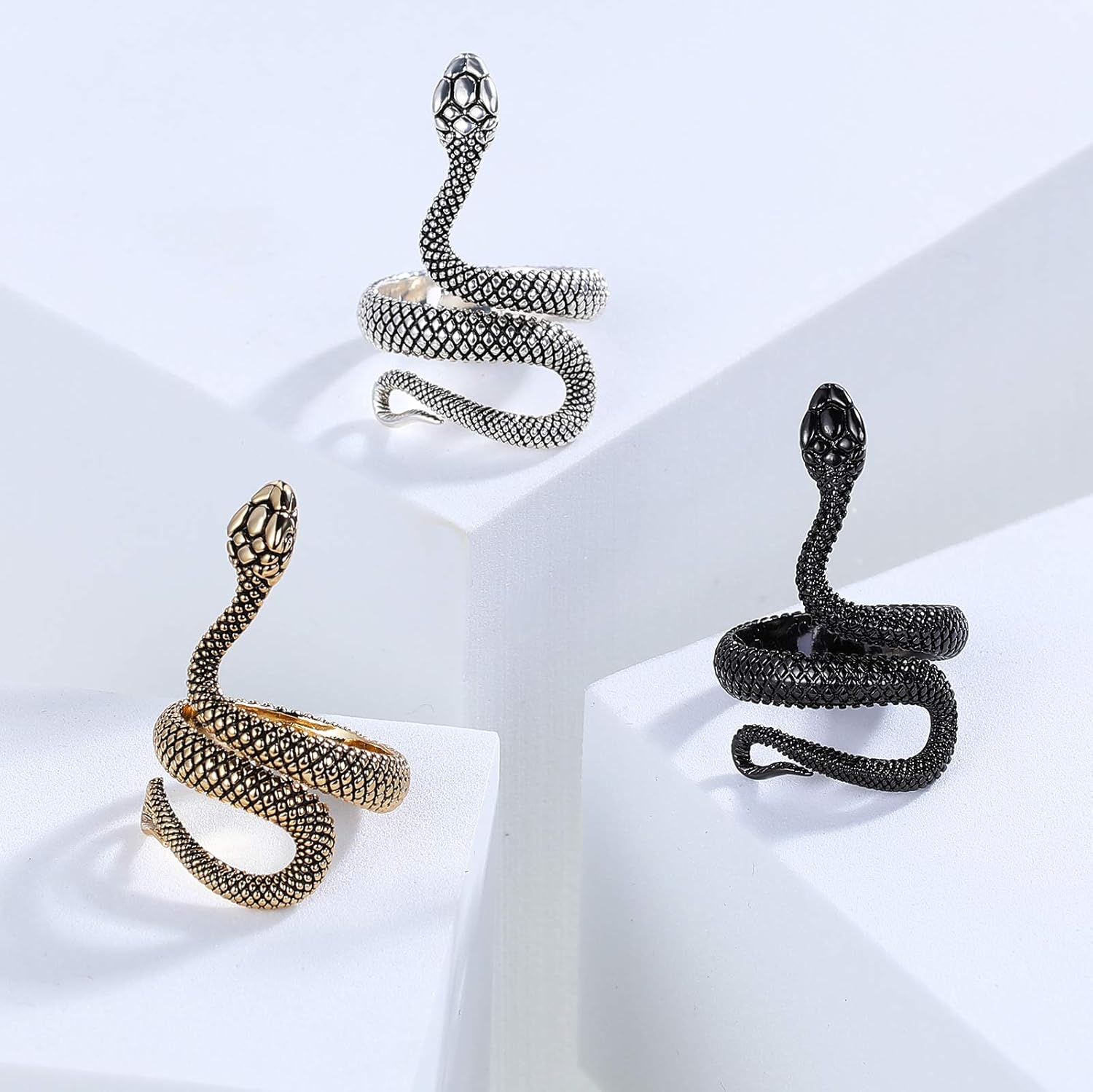 Snake Rings for Women Silver Snake Punk Vintage Ring for Men Adjustable Black Ring - Image 6