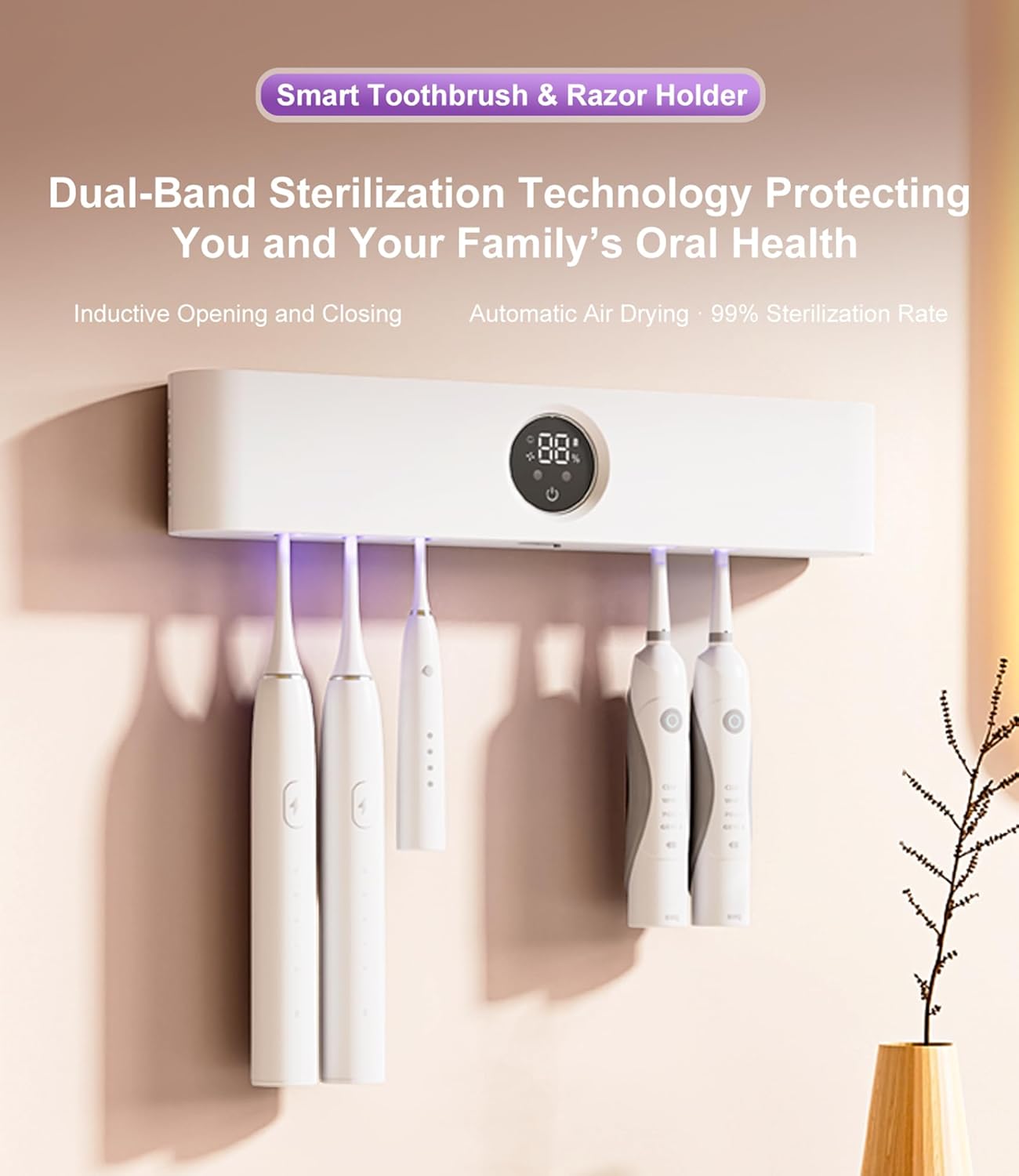 Smart Toothbrush Holder with Drying & Ventilation, 5 Brush Organizer with LED Display, Wall Mounted Storage with Shaver Slot for Family Bathroom - Image 2