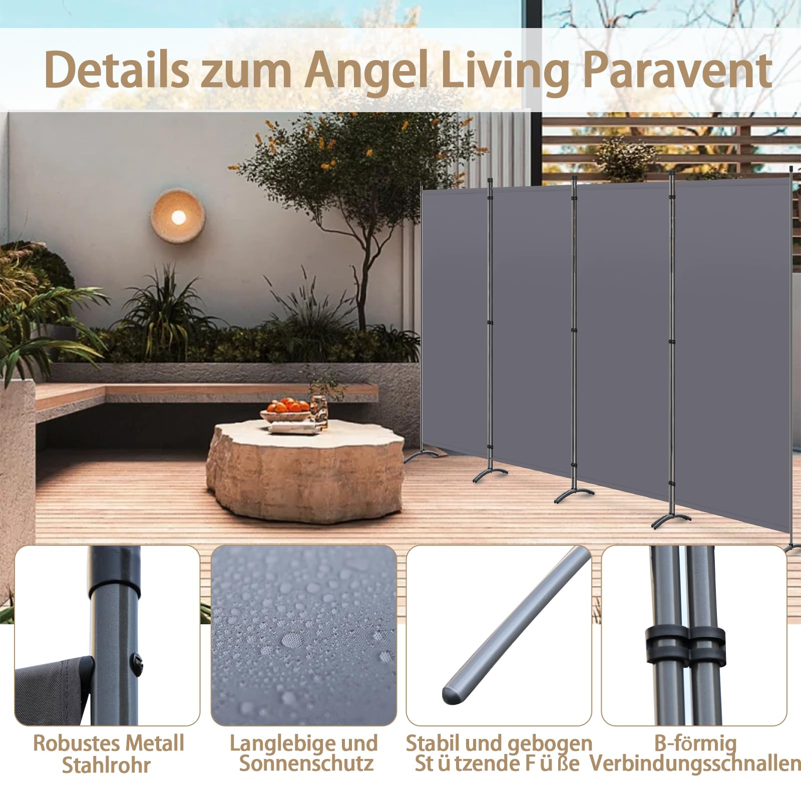 Angel Living Paravent 4 Teilig 324 x170cm Grau,Stellwand Sichtschutz Faltbarer Raumteiler Trennwand Sichtschut für Draußen Garten Schlafzimmer Wohnzimmer Büro Innen